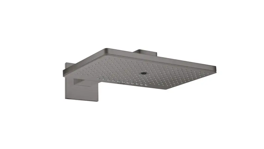 Kopfbrause mit quadratischer Form und mehreren Strahlern, in gebürstetem Schwarzchrom, montiert an einer Wandhalterung. Produkt von AXOR.